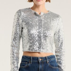 NWT Good American Cluster Sequin Cardigan in Metallic Silver Size L